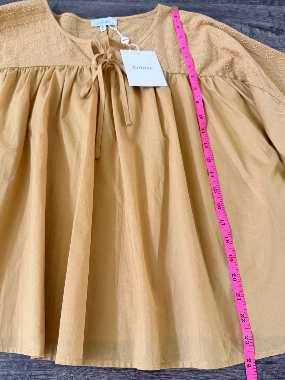 Bohme Womens Mustard Embroidered Peasant Top Size L Cotton Babydoll Boho NWT - Picture 8 of 9